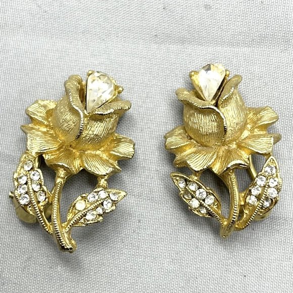 Vintage Gold Rhinestone Flower Rose Earrings